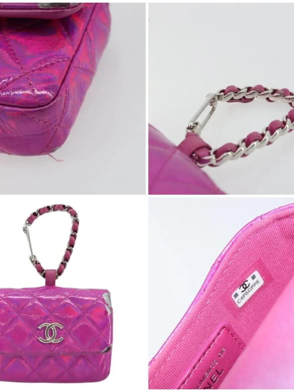 CHANEL Matelasse Carabiner Pouch Patent leather Pink Silver CC Auth YKZ1380A